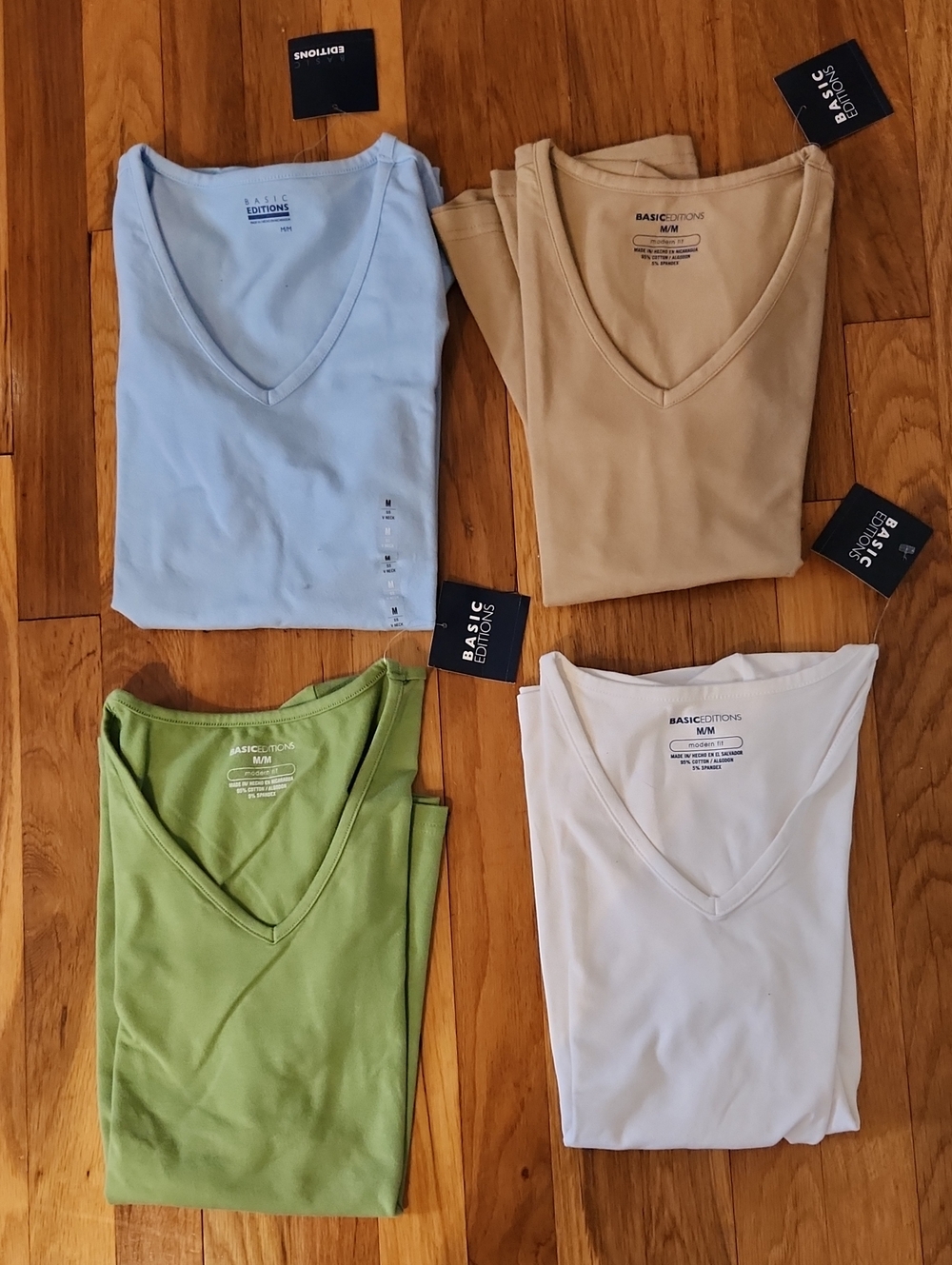 Set of Four V‑Neck Short Sleeve Tee Top — Light Blue Tan Green White Size M NWT